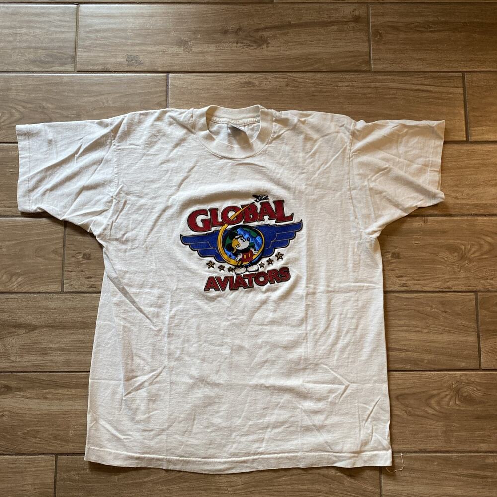 DISNEY MICKEY MOUSE GLOBAL AVIATORS Shirt Size Large Single Stitch Promotional